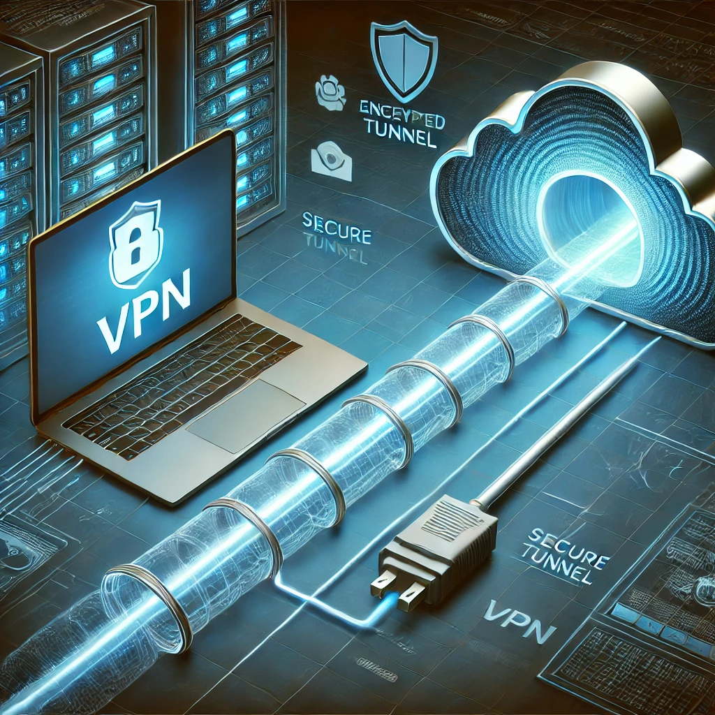 Абстрактная кибербезопасность – силуэт замка с цифровыми элементами, символизирующий защиту данных.

Схематическое изображение VPN – устройство (например, ноутбук) подключается к зашифрованному туннелю, ведущему к серверу.